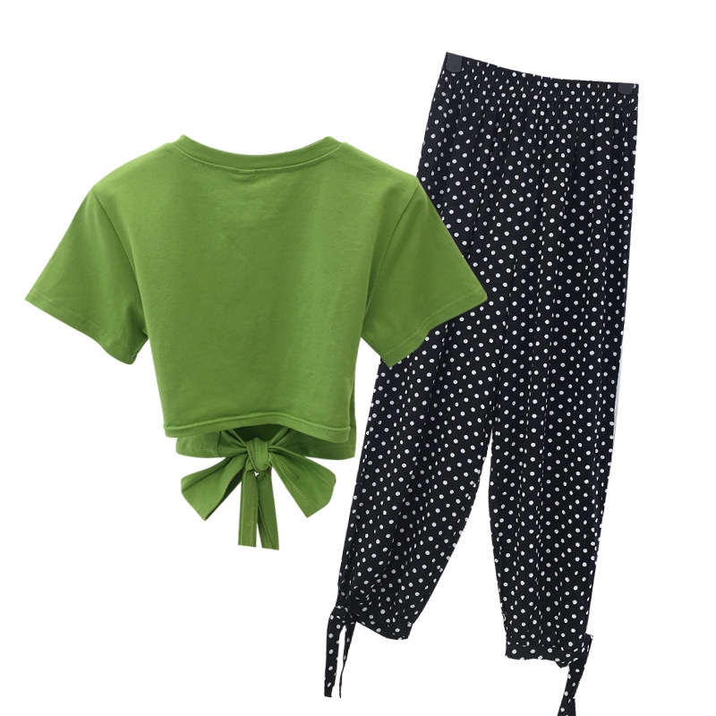 2pcs/women Wave point loose long pants + sexy short sleeve T-shirt | BigBuy360 - bigbuy360.vn