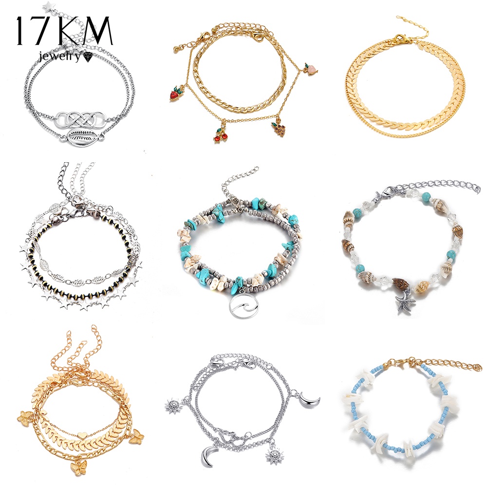 Bộ vòng lắc chân 17KM gắn hình trái tim bướm đính pha lê thời trang Bohemia