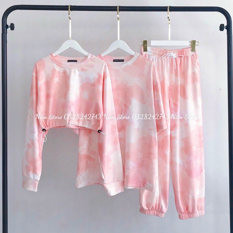 Set đồ đôi couple nam nữ - Set áo croptop loang tay dài bo eo + Quần jogger loang dài ống rộng dây rút