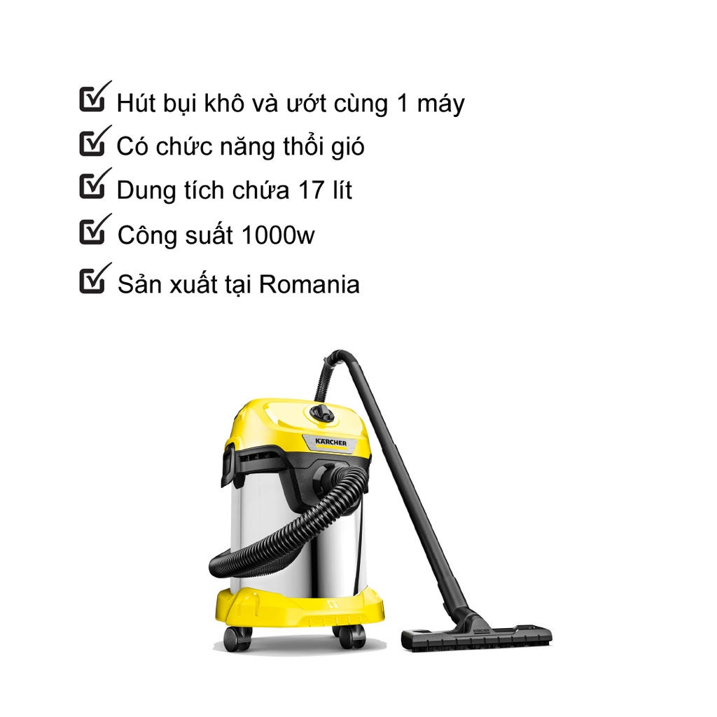 Máy hút bụi đa năng khô và ướt Karcher WD 3 S Premium - Công suất 1000W