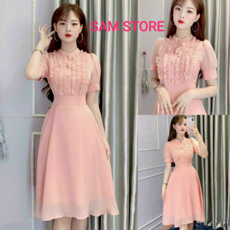 Đầm Voan Xoè Cổ Tròn Đính Nút và Bèo Tay Con Size M SamStore