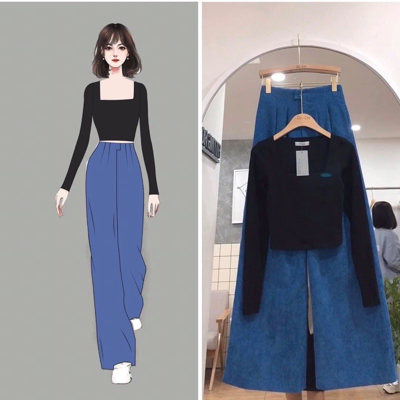 Áo cổ vuông tay dài, áo crt tay dài