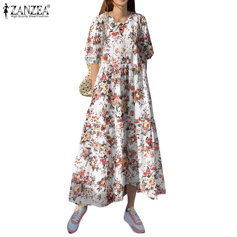 Đầm dài Zanzea tay lửng in hoa phong cách thời trang cho nữ