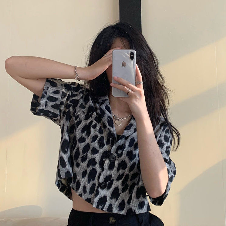 2021 Korean version of women's leopard print shirt loose short style