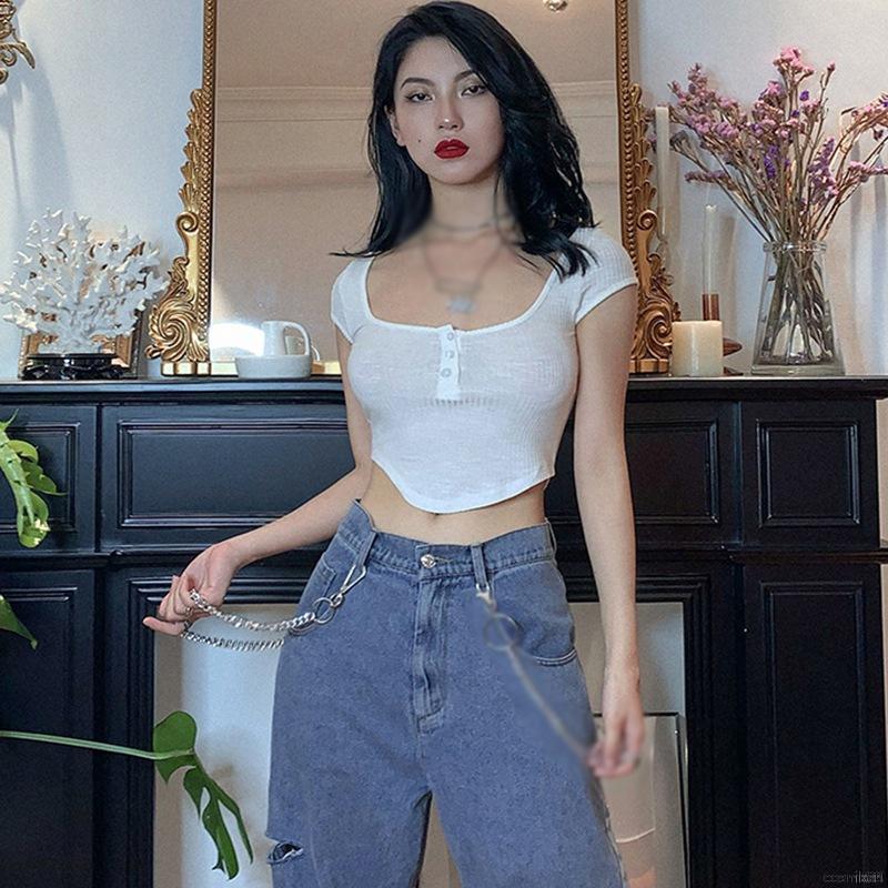 Áo croptop ngắn tay cổ chữ U thời trang gợi cảm cho nữ