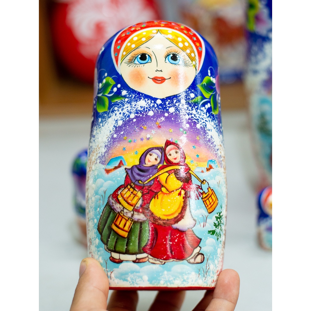 BỘ BÚP BÊ NGA MATRYOSHKA 10 LỚP CAO 26CM HOA VĂN "LỄ HỘI MÙA ĐÔNG" MÀU XANH CỰC ĐẸP VÀ SANG TRỌNG