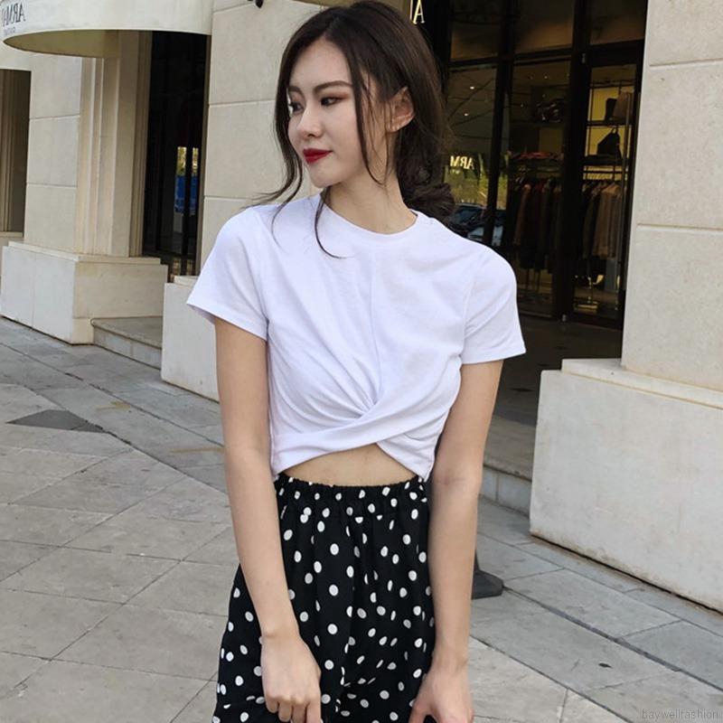 [Baywellfashion]Áo Croptop Cổ Tròn Màu Trơn Thời Trang