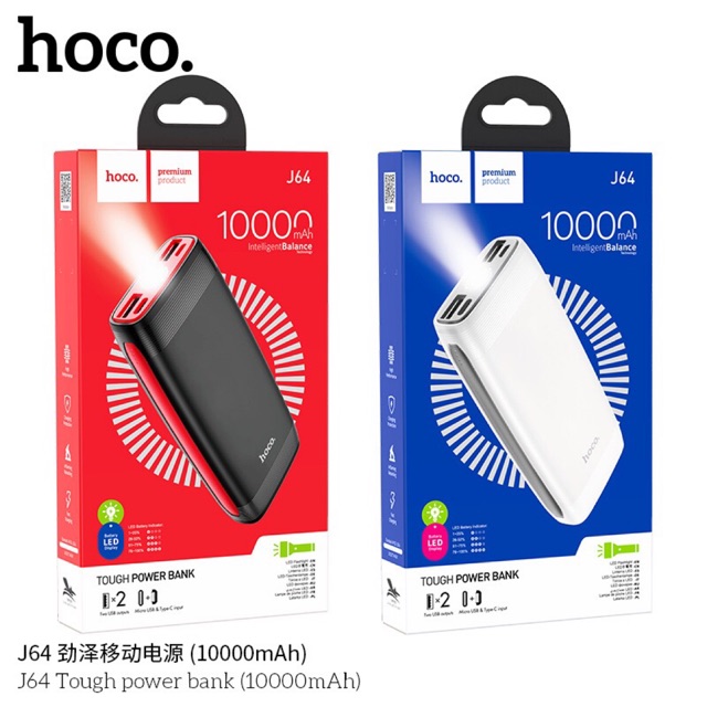 Pin sạch dự phòng Hoco H64 Tough 10000mAh 2 cổng Input, Output 2A, Đèn pin - Hàng chính hãng