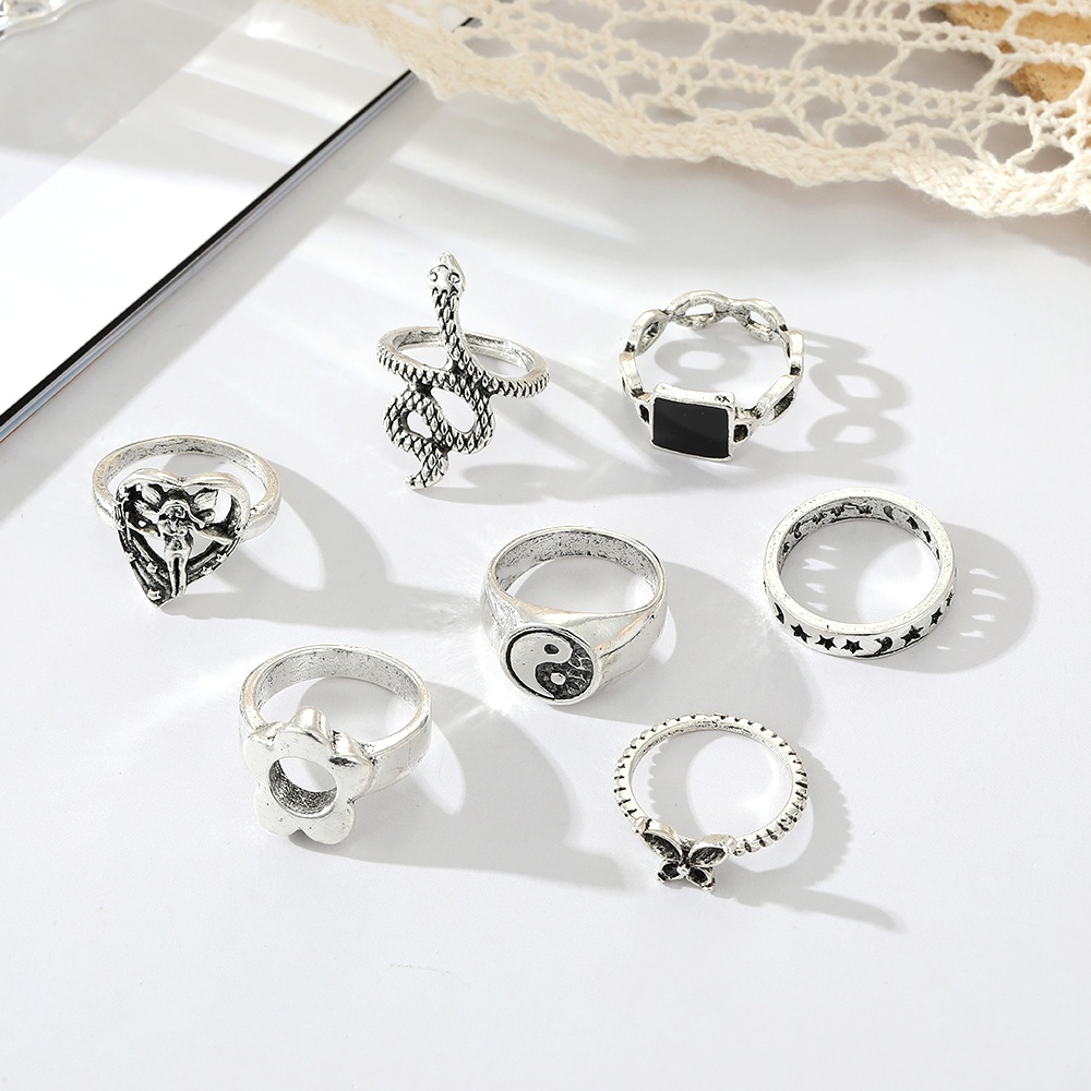 Bộ 7 Nhẫn Hình Vuông Họa Tiết Hoa/Bướm/Bướm/Mặt Trăng/Rắn