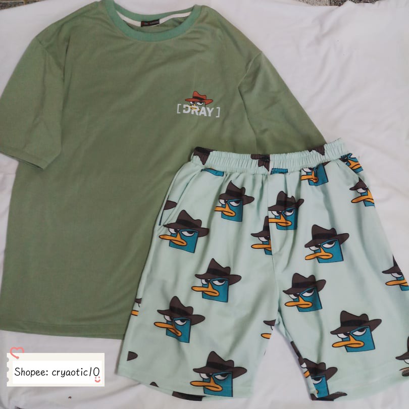 Set áo tay lửng thú mỏ vịt Perry + quần short cartoon perry/ kaki đen unisex