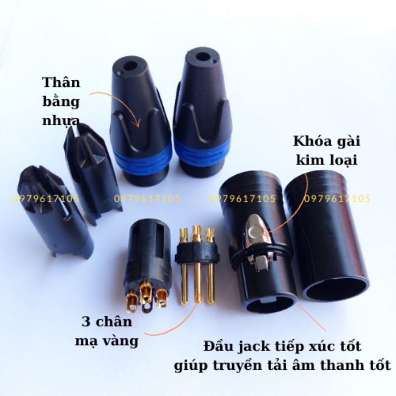 Jack canon xlr, jack canon đực cái, xanh đen chân mạ vàng 4 chiếc  A.Chảy