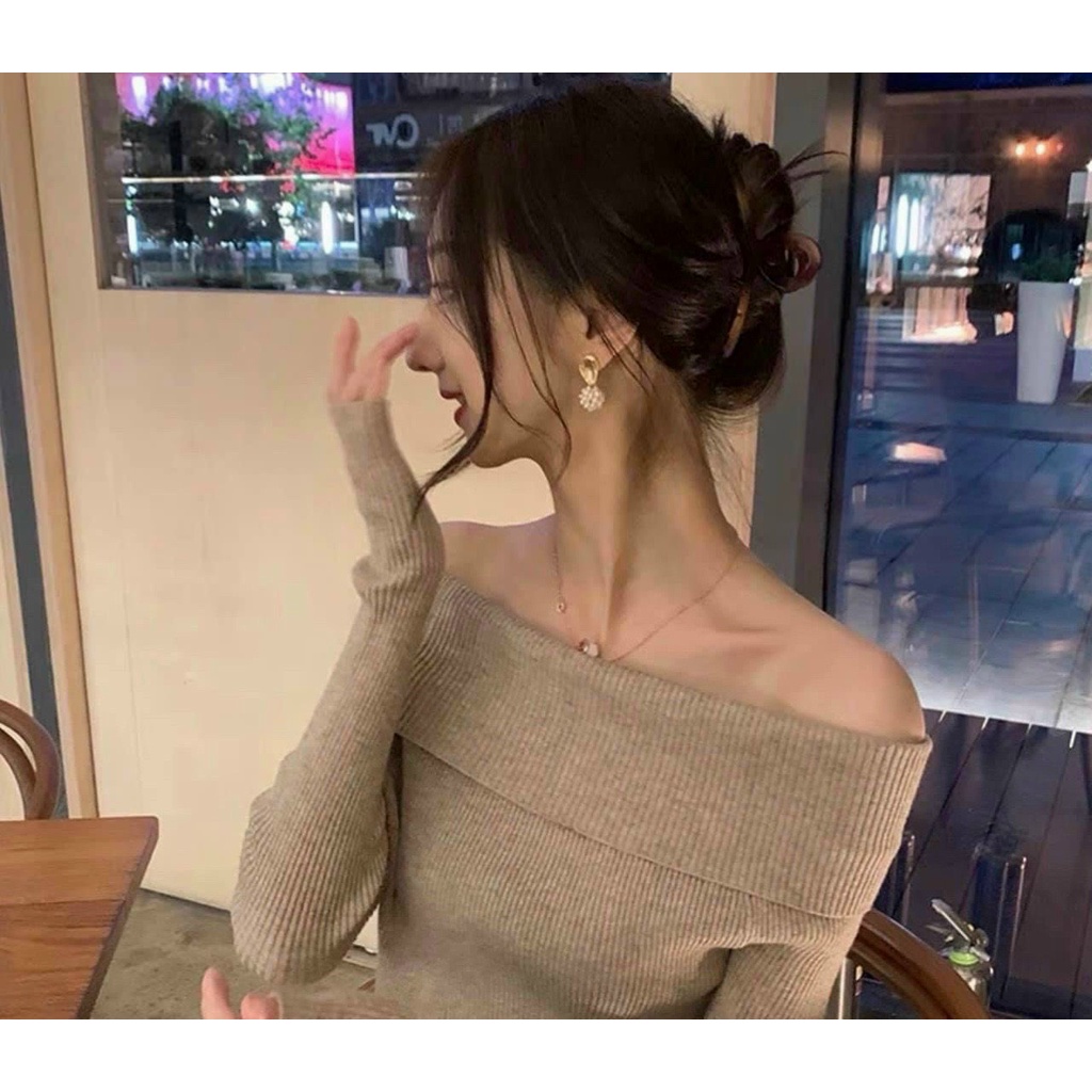 Áo trễ vai tay dài khoe bờ vai xinh cực hot , chất thun gân mềm mịn L