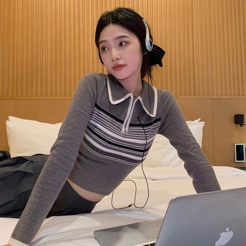 Áo Dệt Kim Tay Dài Dáng Ôm Họa Tiết Kẻ Sọc Thời Trang Hàn Quốc Cho Nữ