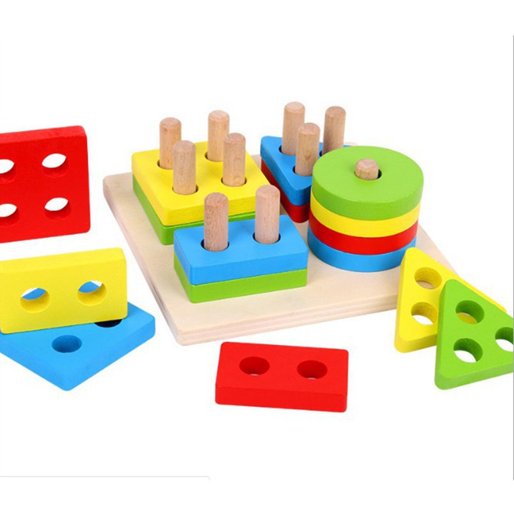 Đồ chơi bộ thả hình khối 4 trụ vào thanh gỗ - Bộ xếp hình montessori thả khối 4 cọc trụ bằng gỗ nhiều màu sắc cho bé