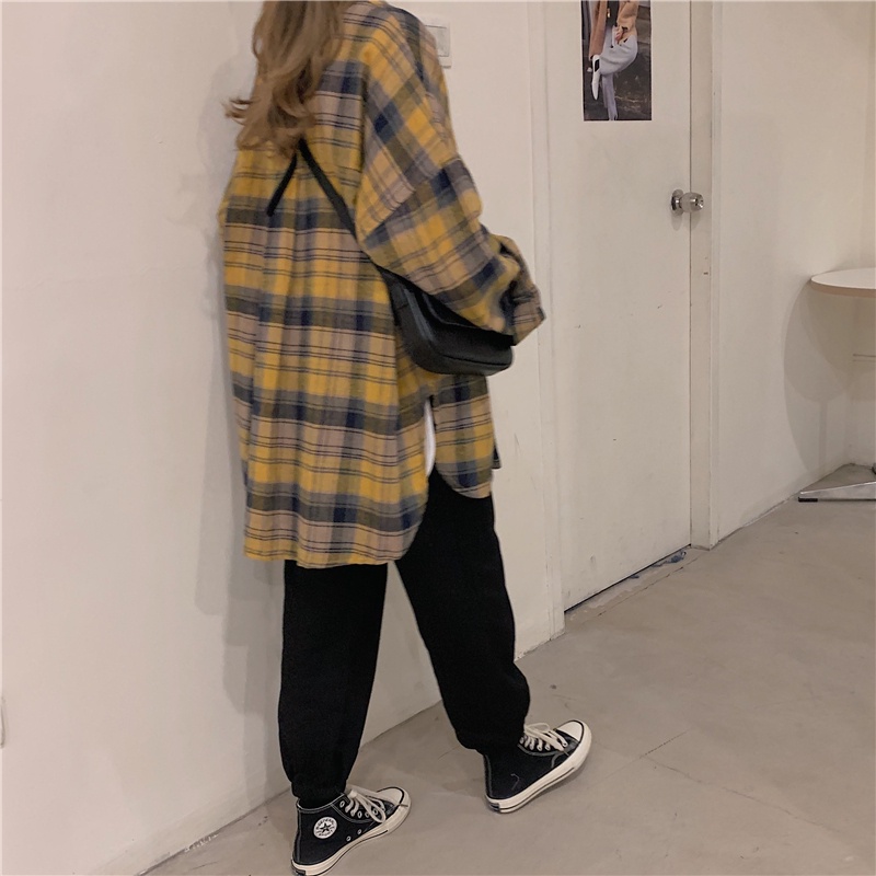 SUXI Áo Sơ Mi Caro Tay Dài Dáng Rộng Phong Cách Retro Cho Nữ