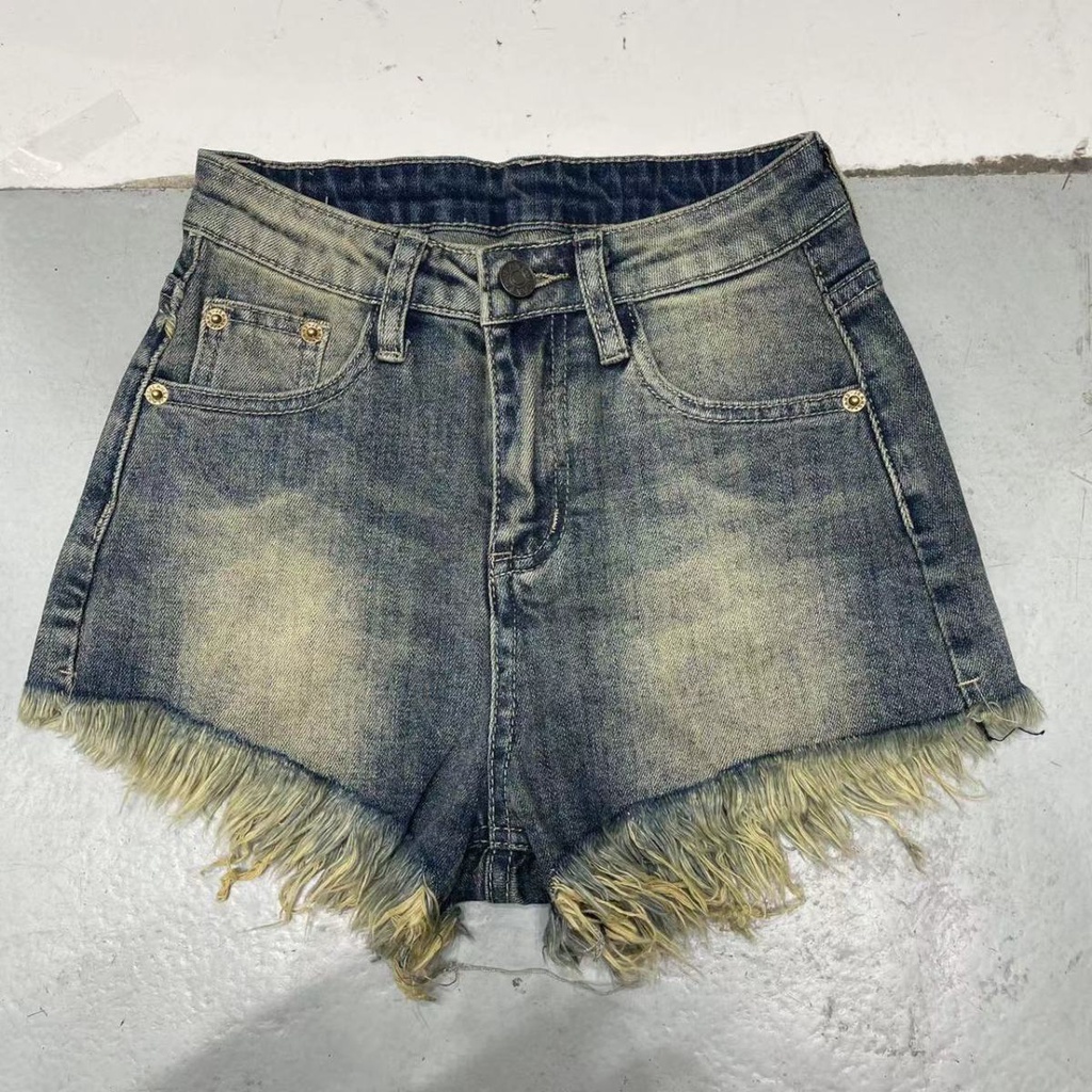 2022 summer new high-waisted denim shorts tie-dyeing design sensitive water wash fringed retro straight trousers tide