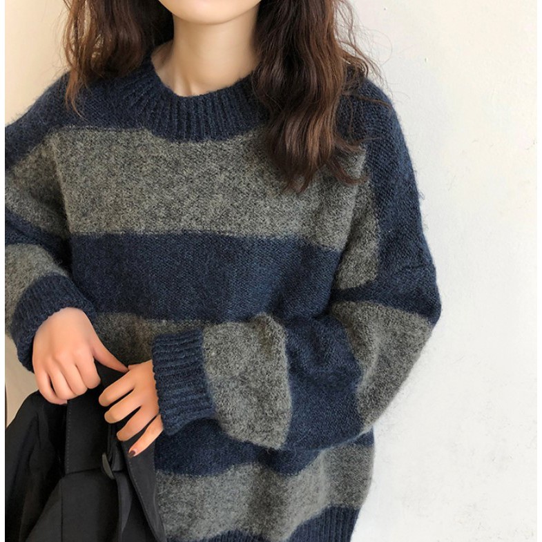 Áo Len Nữ | Áo Len Nữ Dệt Kim Mềm Mại Sọc Ngang Form Thụng Tay Rộng Thời Trang Ulzzang, Phong Cách Hàn Quốc | BigBuy360 - bigbuy360.vn