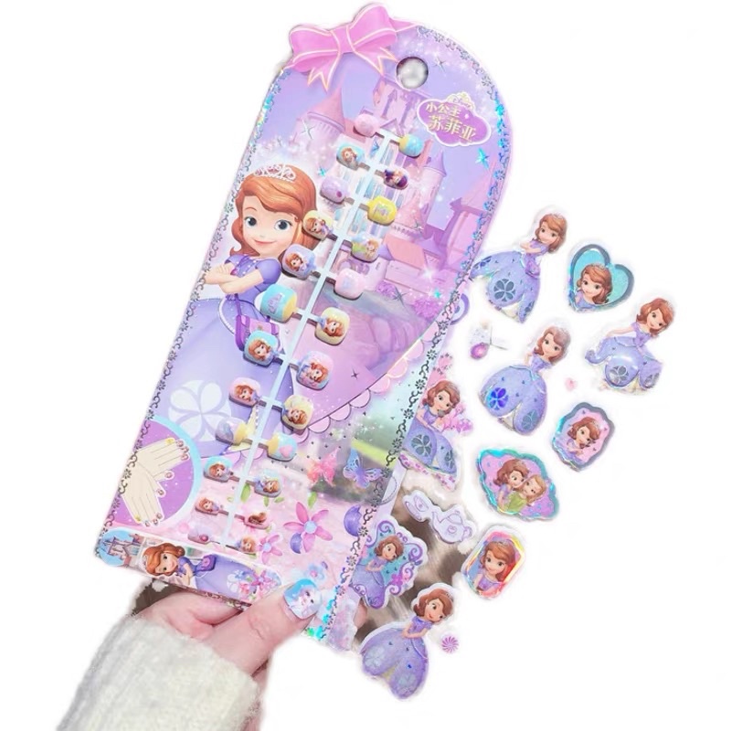Bộ 24 móng tay giả  bé  gái kèm 1 bảng sticker in hình công chúa Elsa, Nàng Tiên cá, Bạch Tuyết,sopia