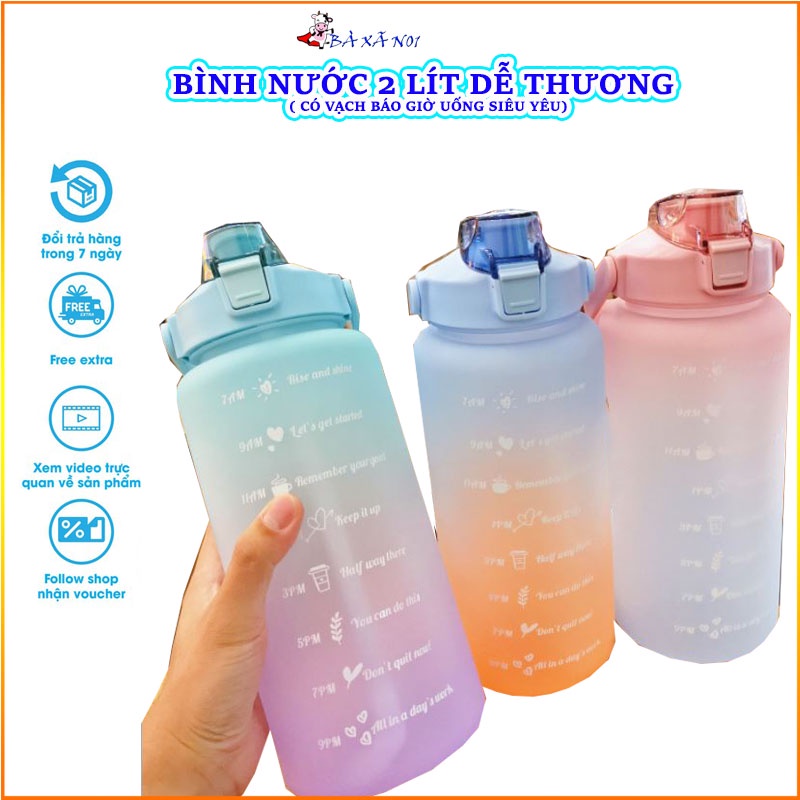 Bình đựng nước thể thao, tập gym 2L có chia vạch báo giờ uống nước to 2 lít chất liệu an toàn tặng kèm ống hút cute