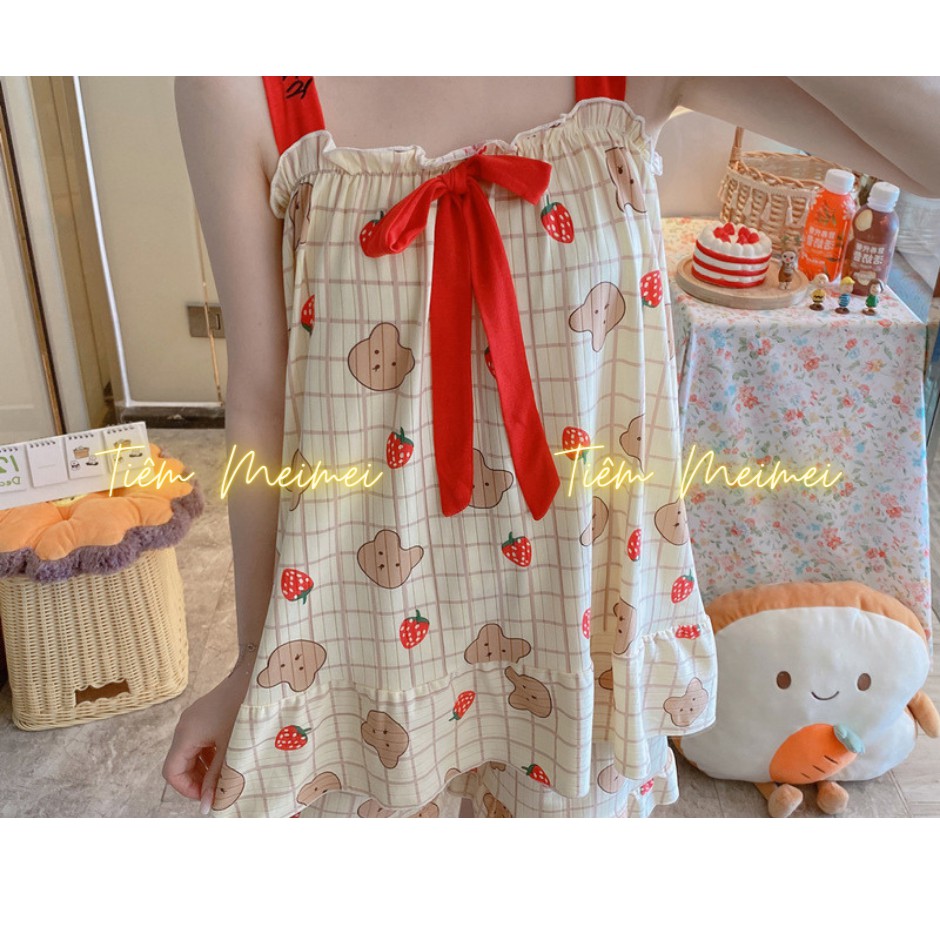 Bộ đồ ngủ 2 dây thun sữa đồ bộ nữ mặc nhà mềm mát họa tiết dễ thương