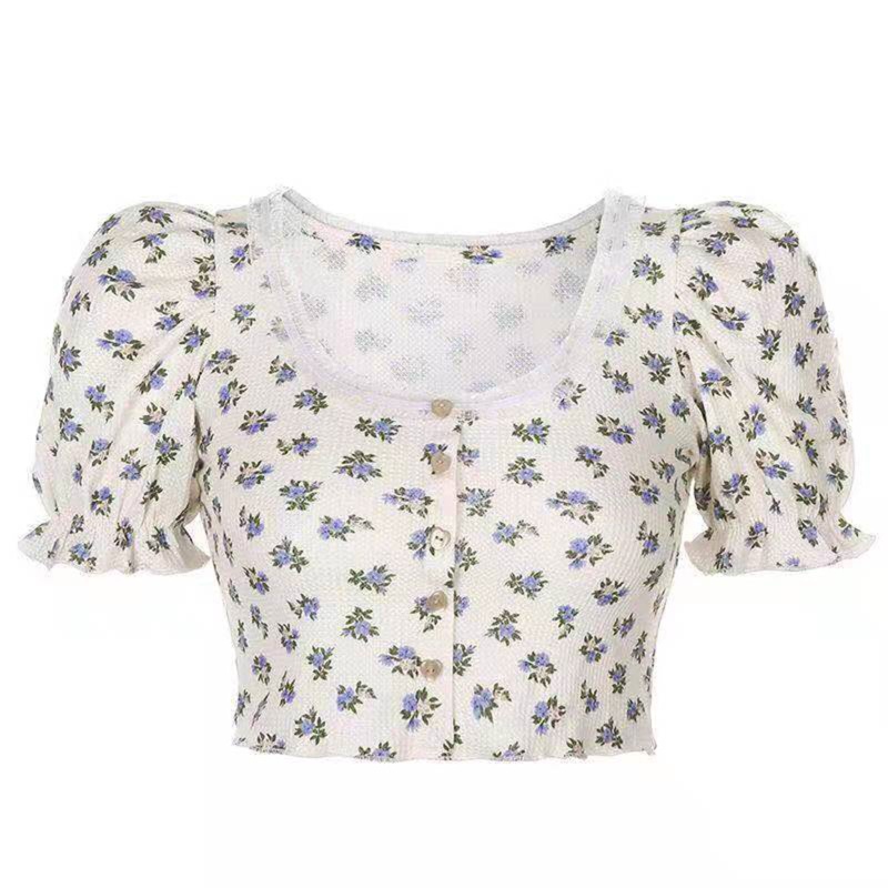 Áo Crop Top Tay Ngắn Phồng Cổ Vuông Phối Ren Thời Trang Cho Nữ