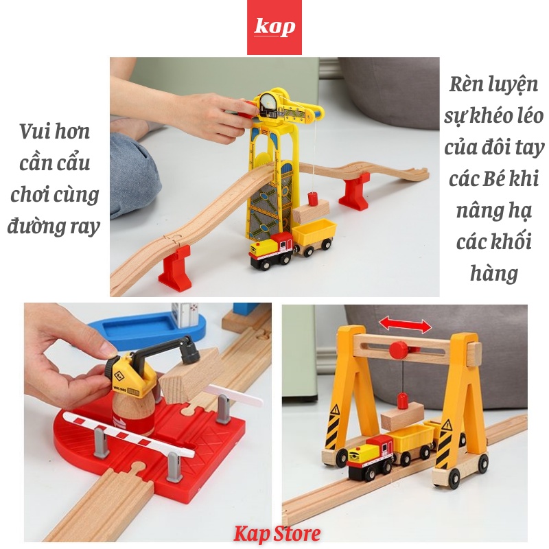 Cần cẫu gỗ, phụ kiện chơi kèm đường ray gỗ