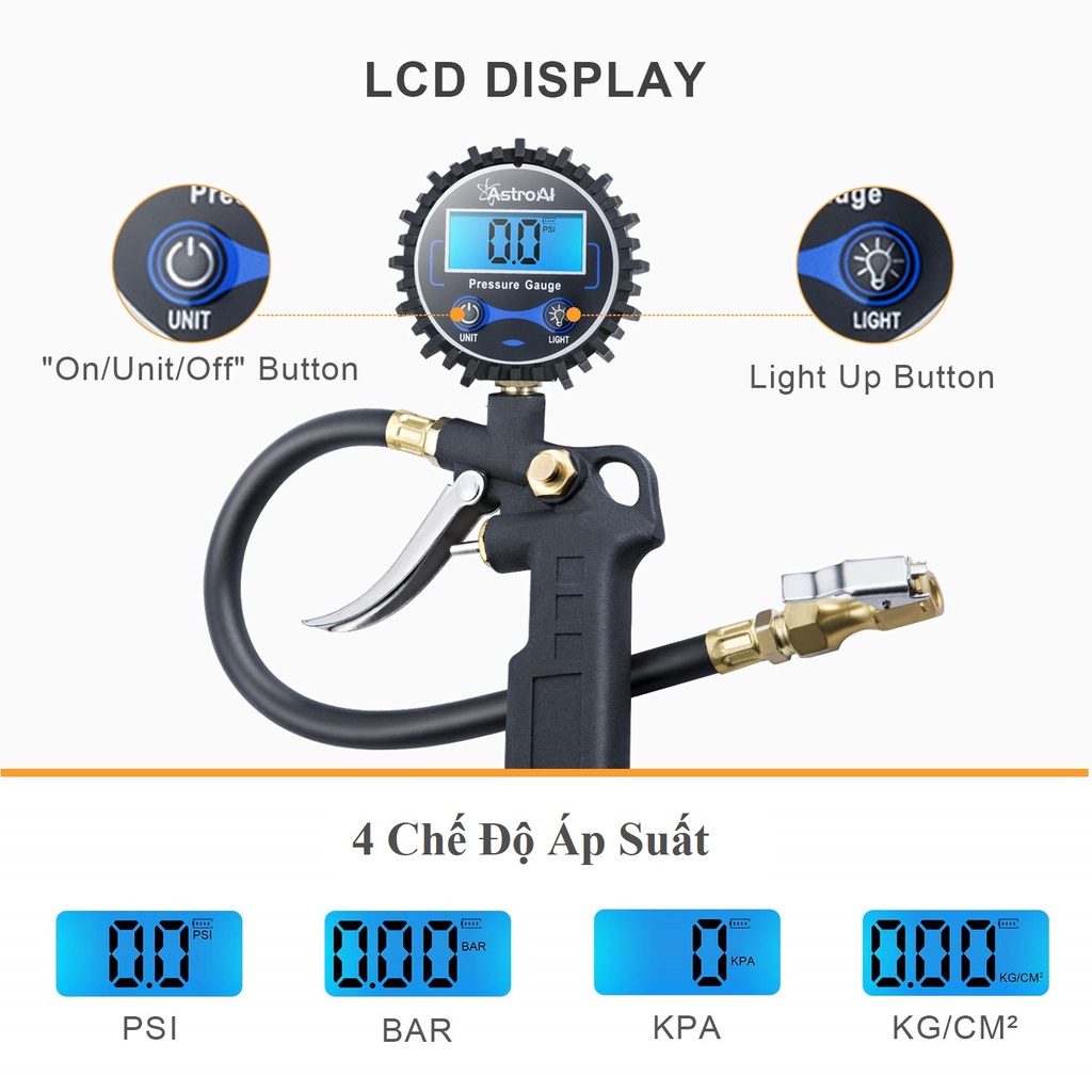 Súng Bơm Lốp Xe Máy, Ô Tô Có Màn Hiển Thị Đo Áp Suất Lốp LCD