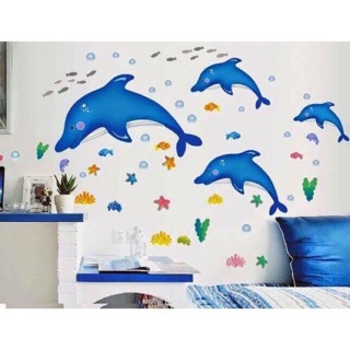 Decal tranh dán tường cá heo xanh
