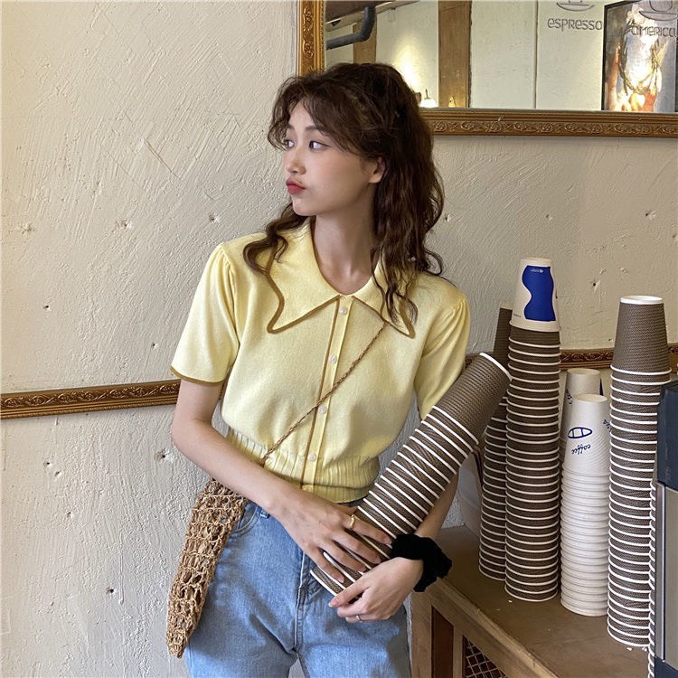 Áo Len Dệt Kim Tay Ngắn Cổ Cánh Bướm Độc Lạ Phong Cách Hàn Quốc Smide Clothing