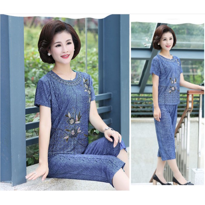 Đồ bộ trung niên nữ ngắn tay B62 - Quần áo ngủ thời trang đẹp mặc nhà cho mẹ, bà, người cao tuổi U40 U50 U60 U70 giá rẻ