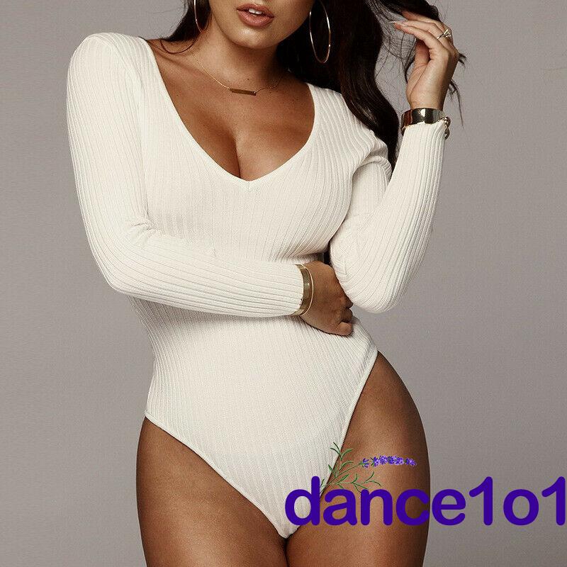 Bộ bodysuit tay dài cổ V trễ vai thời trang Thu Đông cho nữ