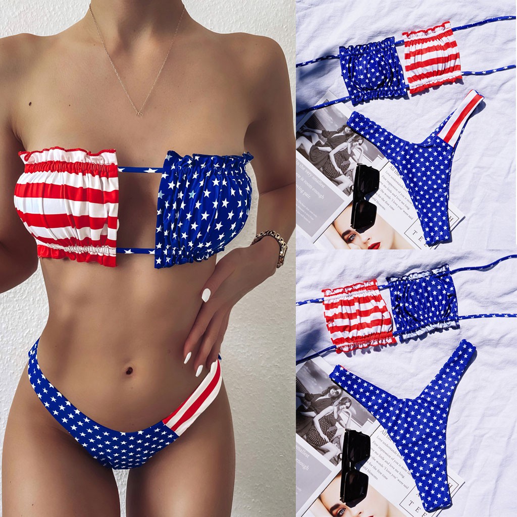 Bộ Bikini In Hình Cờ Mỹ Có Mút Nâng Ngực Độc Đáo