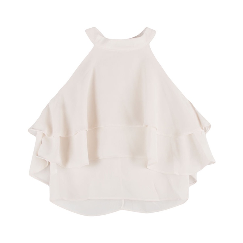 [] - Áo Chiffon Sát Nách Cổ Tròn Nhún Bèo Màu Trơn Thời Trang Mùa Hè Dự Tiệc Hằng Ngày Cho Nữ