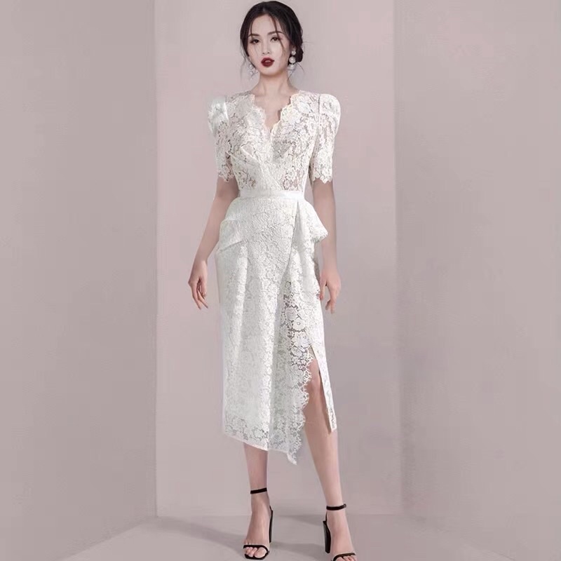 Đầm ren thiết kế cho nữ đi tiệc cổ V xẻ đùi thắt nơ eo sang trọng