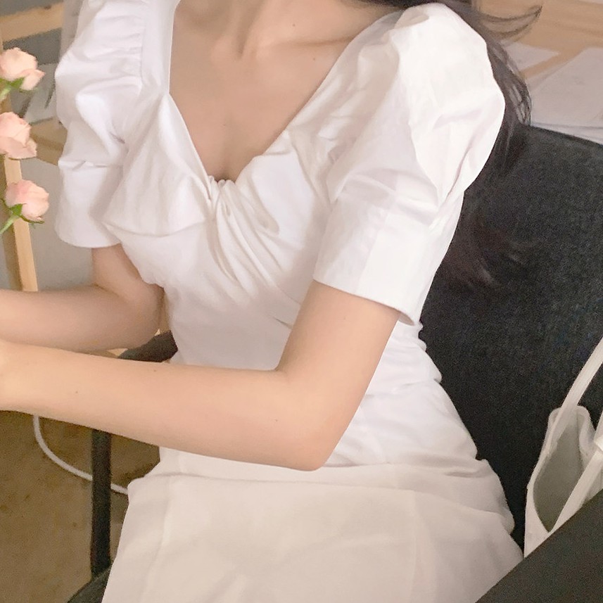 Đầm Midi Tay Ngắn Cổ Rộng Màu Trơn Đơn Giản 34395