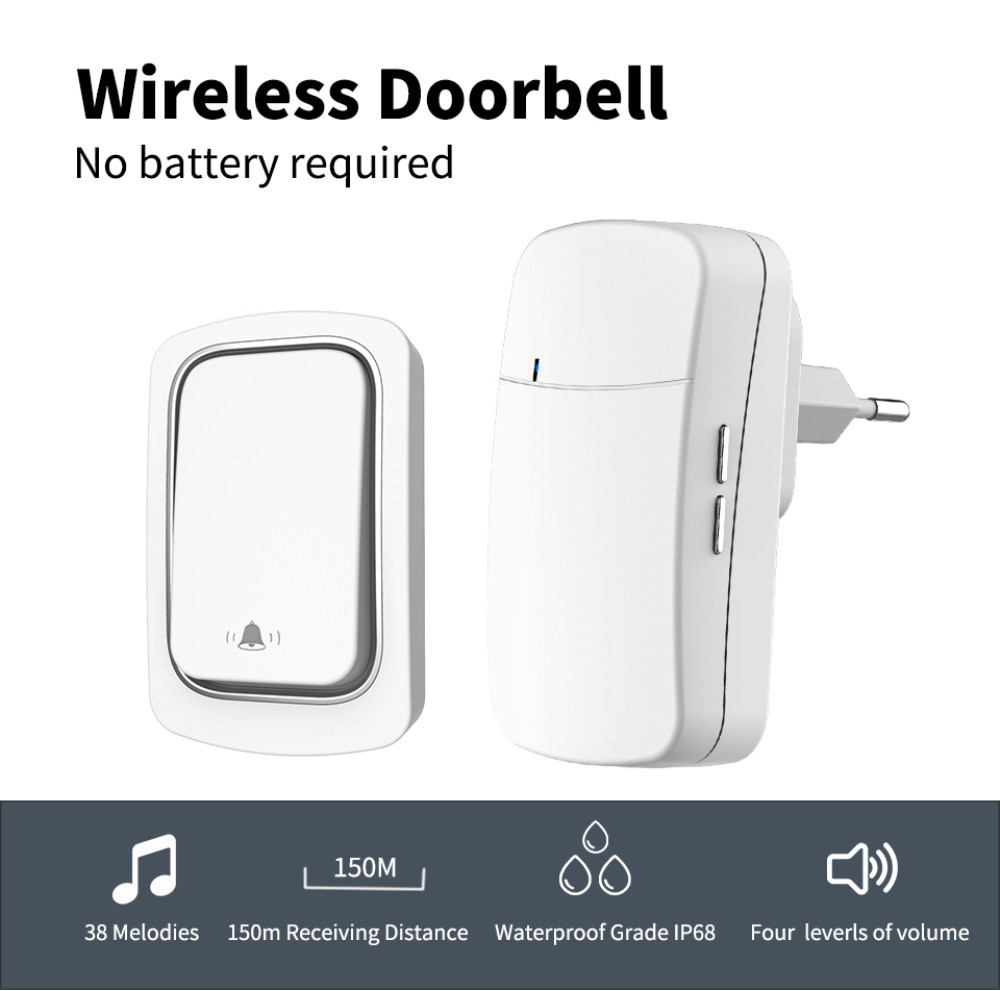 Wireless Doorbell，Ring Doorbell，No Battery Required，US EU UK Plug, IP68 Waterproof Welcome Bell Home Door Bell Smart Hom