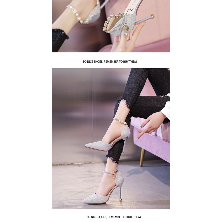 Giày Cao Gót Mũi Nhọn Cài Khóa Đính Đá Pha Lê Thời Trang Mùa Hè 2022 Cho Nữ