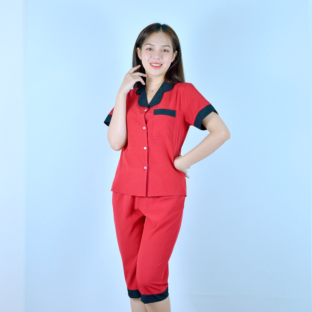 Bộ PIJIMA Nữ màu ĐỎ ĐÔ Chất Lụa Cao Cấp - Quần lửng tay ngắn pha cổ đen  - Nhẹ nhàng - Đằm thắm