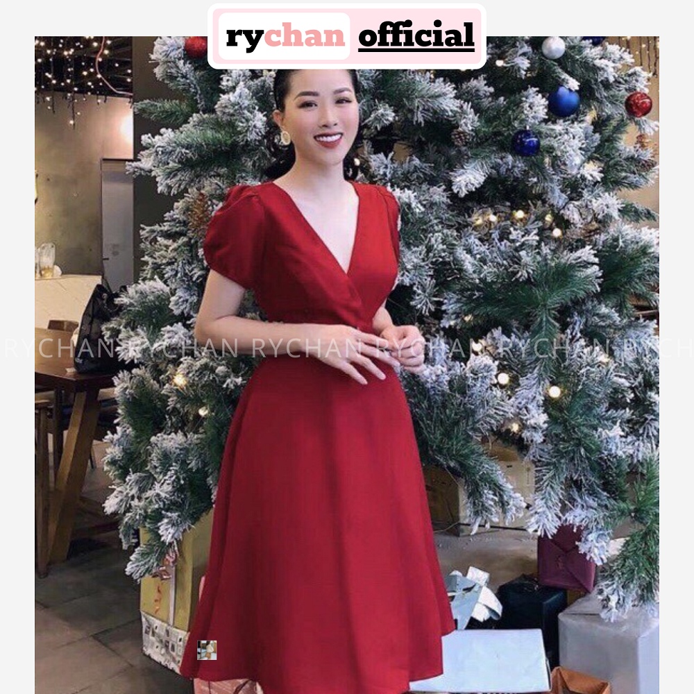 Đầm Xoè Đỏ Đắp Chéo Tay Phồng Cổ V [ẢNH THẬT CUỐI] - DX611