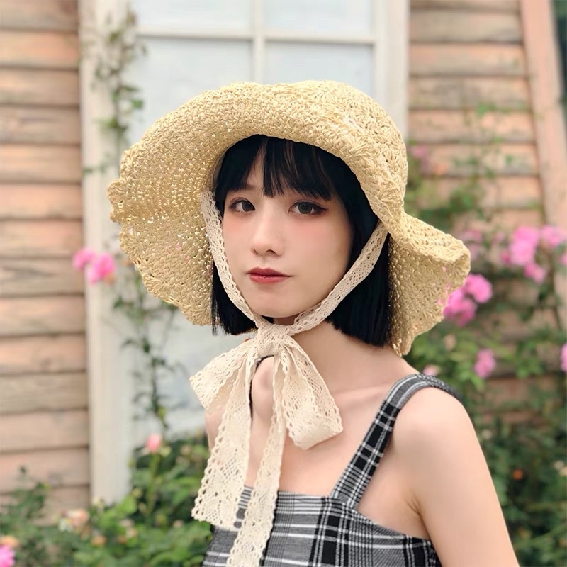 Mũ cố đi biển dễ gấp gọn thắt nơ ren cực xinh MC02