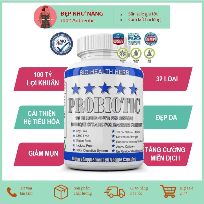 Viên 100 Tỷ Lợi Khuẩn Probiotic 32 Loại Cho Da Và Hệ Tiêu Hóa Vegan Raw