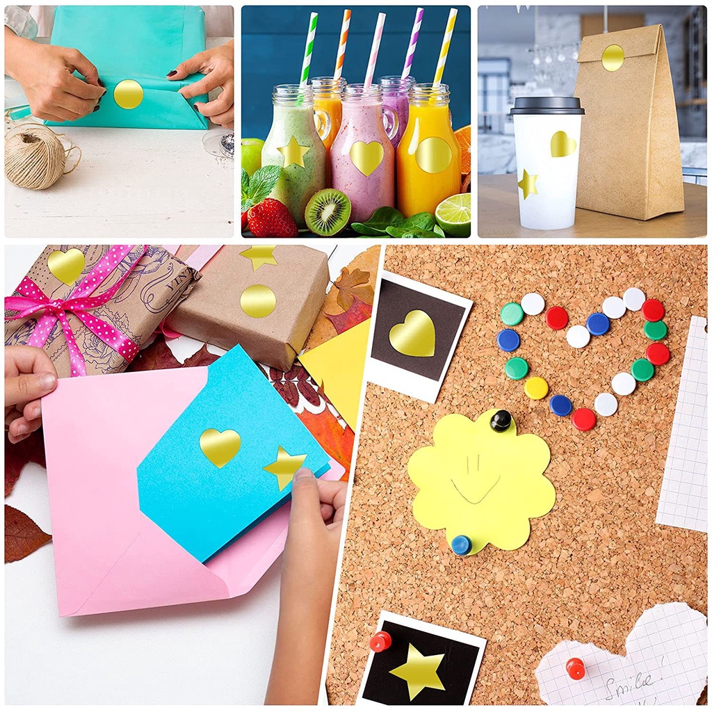 Bộ 500 Miếng Dán Hình Tròn / Trái Tim Màu Vàng Họa Tiết Chấm Bi Nhiều Màu Độc Đáo Trang Trí Niêm Phong Bao Bì Tiện Dụng