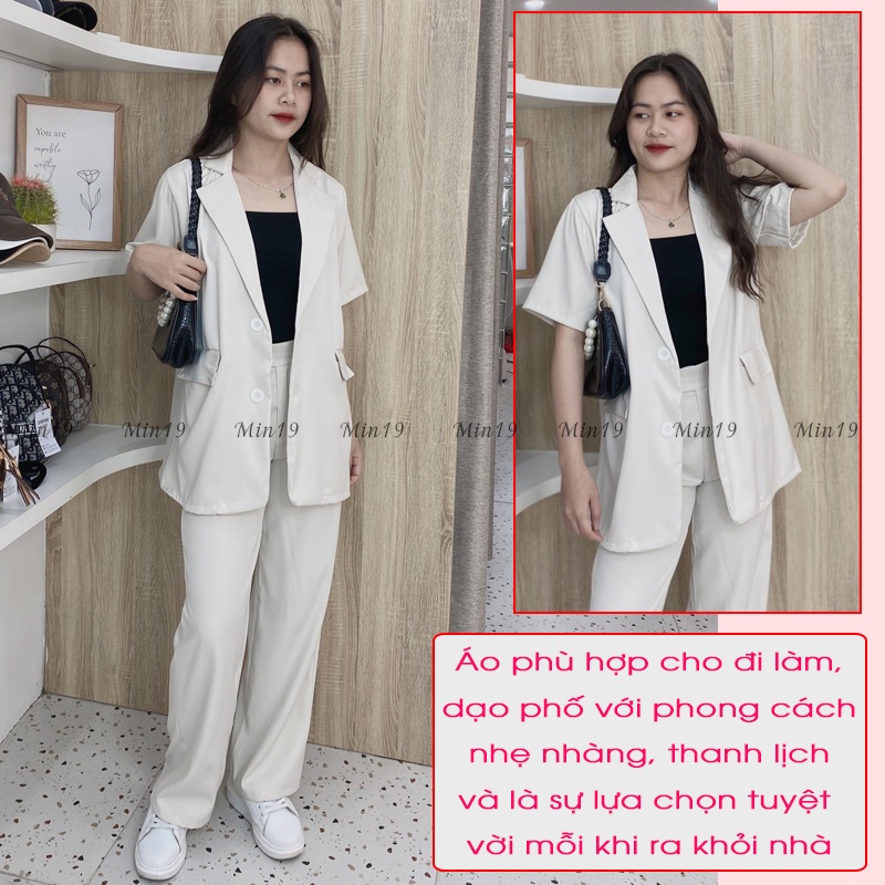 Áo Vest Nữ Blazer Công Sở Hàn Quốc 1 Lớp Tay Ngắn Form Rộng Túi Nắp Cá Tính Màu Trắng Đen Xanh Nâu