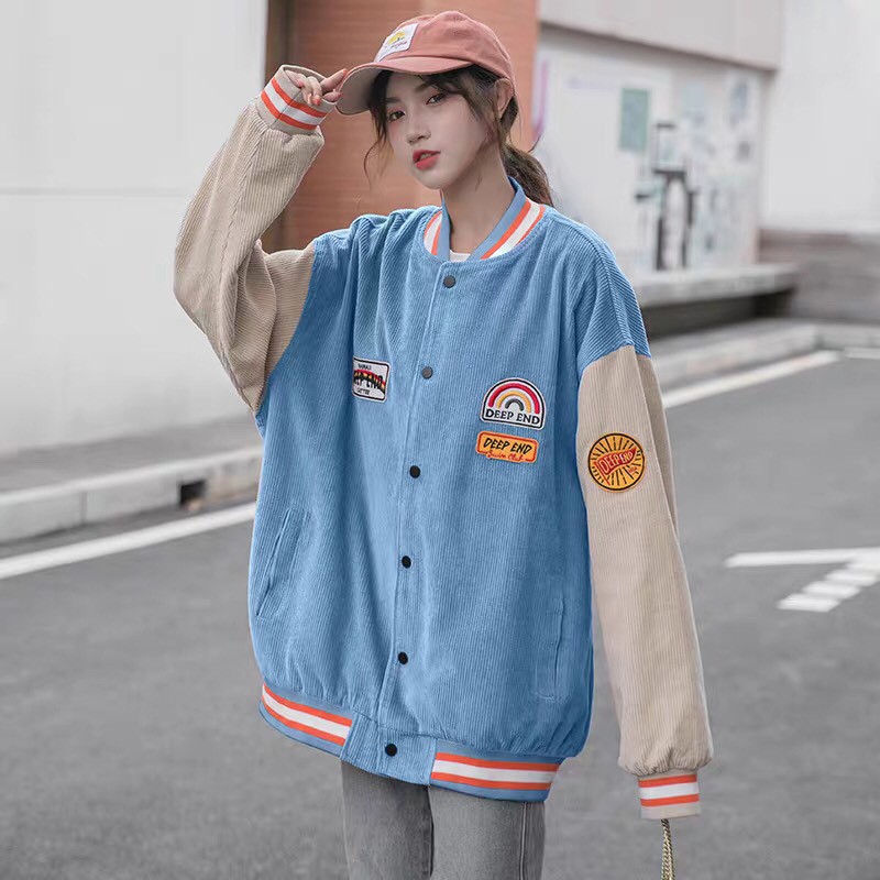 ÁO KHOÁC BOMBER NHUNG TĂM DEEP END Unisex Form Rộng 2 MÀU XANH HỒNG - ÁO KHOÁC RAGLAN CẦU VỒNG | BigBuy360 - bigbuy360.vn