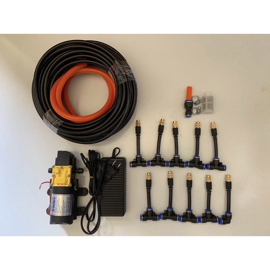BƠM tưới lan.phun sương bộ bơm sumo Đen kèm ng,uồn 12v_5a. 15m dây phun 10 béc đồng nhựa  . giúp làm dịu mát căn nhà v