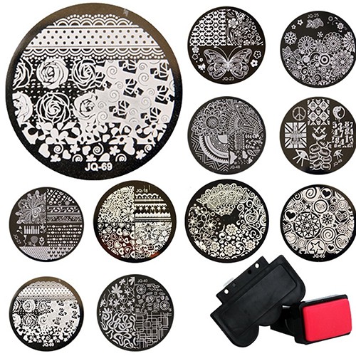 Bộ khuôn in hình + con dấu + dụng cụ cạo 10 món bằng kim loại chuyên dụng cho trang trí móng tay DIY