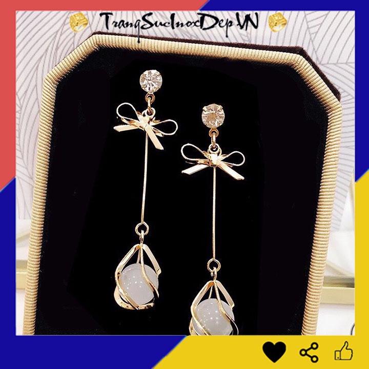 Bông tai nữ kiểu nơ màu vàng rớt đs mắt mèo phong cách Hàn Quốc dễ thương thích hợp đi dự tiệc, số lượng 1 đôi