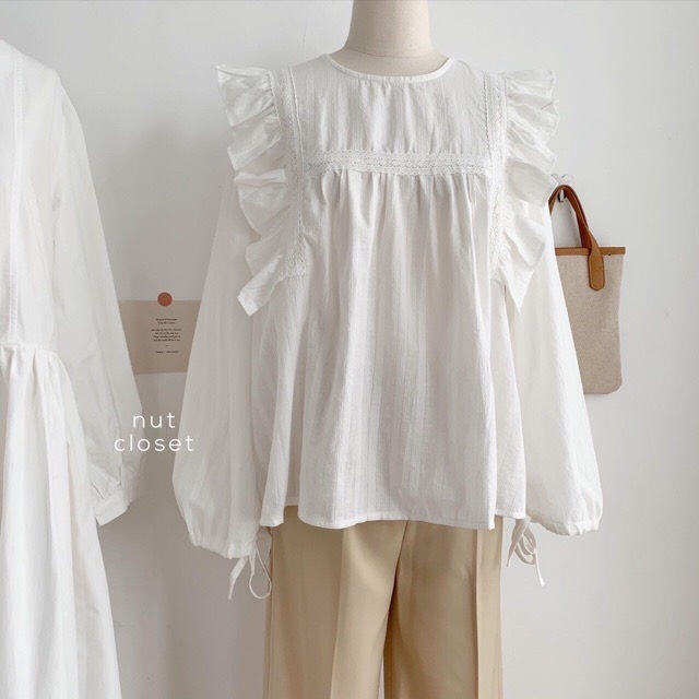 Áo sơ mi babydoll ren bèo vai thắt nơ tay - Áo sơ mi babydoll ren ngực siêu xinh