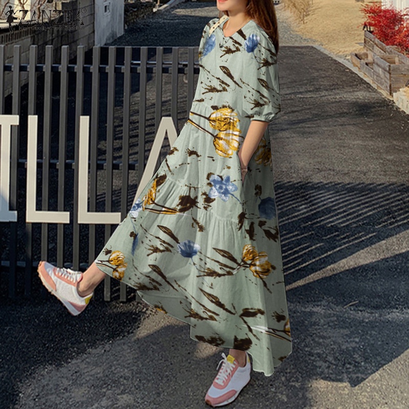 Đầm dáng dài ZANZEA cổ tròn tay lửng thời trang thường ngày cho nữ
