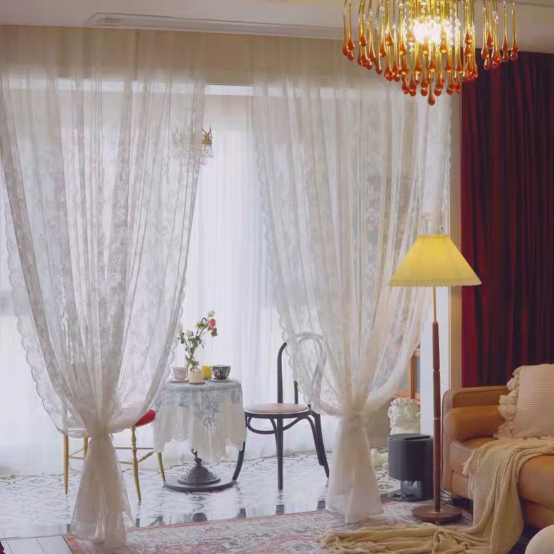 Rèm cửa sổ ngắn thêu ren màu trắng phong cách Bắc Âu cho gia đình